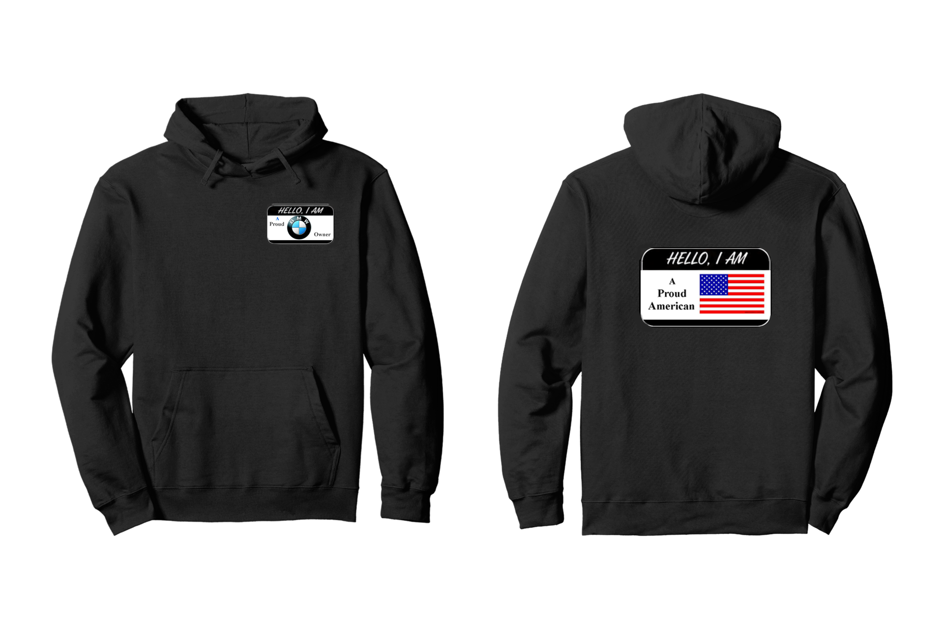Black hoodie front and back mockups featuring HELLO, I AM name-tag designs