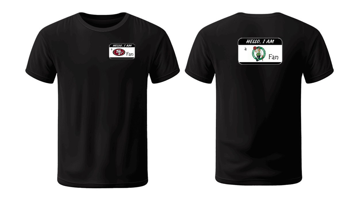 Black T-shirt front and back mockups featuring HELLO, I AM name-tag designs